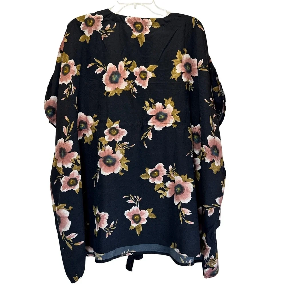 NEW Tunic Top One Size Drawstring Tamsy Black Floral V Neck Made in India - Picture 2 of 7